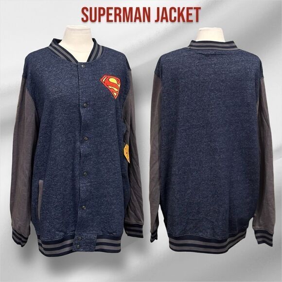 DC Comics Superman Bomber Varsity Jacket in the Size 2XL in Navy Blue/Grey - Picture 1 of 10
